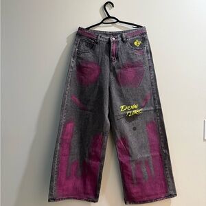 Gray and Pink Graphic Denim Jeans